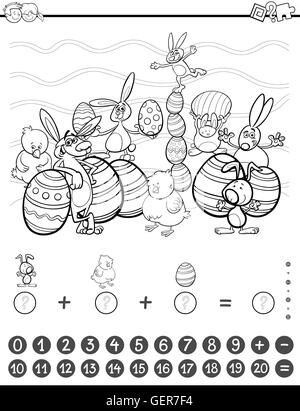 Schwarz / Weiß Cartoon Illustration von pädagogischen mathematische zählen und Zusatz Aktivität Aufgabe für Kinder mit Ostern Ch Stock Vektor