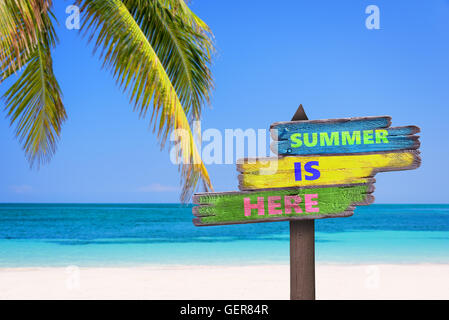 Hier steht der Sommer auf hölzernen Wegweiser pastellfarbenen, Strand und Palmen Baum Hintergrund Stockfoto