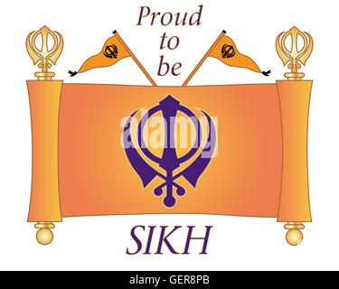 ein Beispiel für eine abstrakte Grußkarte für den Sikh glauben mit einem Scroll-Pergament mit Symbol auf weißem Hintergrund Stockfoto