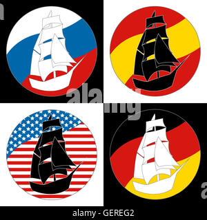 Vintage Logo-Segelboot Schiff Vektor Entwurfsvorlage. Altertümliche Pirat Segelboot Schriftzug Silhouette Konzept Ikone. Stockfoto