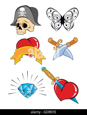 Vektor-Illustration eines sechs Tattoo-Sets Stock Vektor