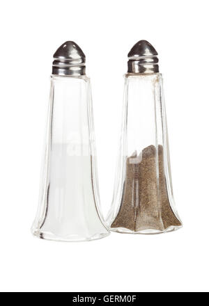 Glas Salz- und Pfefferstreuer isoliert auf weißem Hintergrund Stockfoto