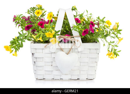 Geschenk-Korb mit herzförmigen Anhänger voller Million Bells Blumen isoliert Stockfoto