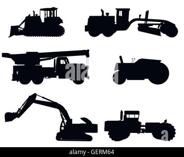 Vektor-Illustration von einem sechs Bau-Maschinen-Silhouetten Stock Vektor