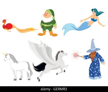 Vektor-Illustration von sechs Märchenfiguren Stock Vektor