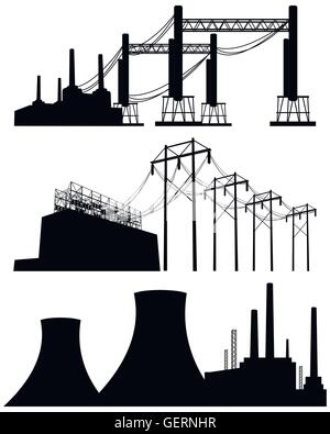 Vektor-Illustration von drei Fabriken-Silhouetten Stock Vektor