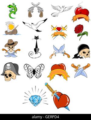 Vektor-Illustration eines verschiedenen Tattoo-Sets Stock Vektor