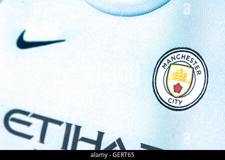 Nahaufnahme von Manchester City FC Trikot Stockfoto