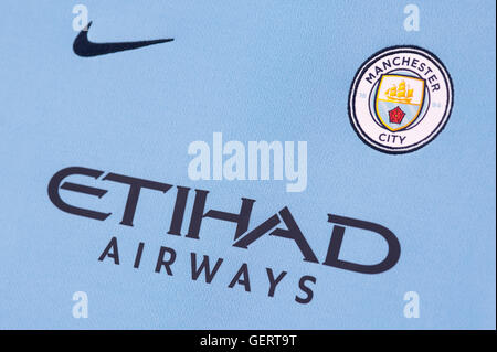 Nahaufnahme von Manchester City FC Trikot Stockfoto