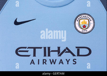 Nahaufnahme von Manchester City FC Trikot Stockfoto