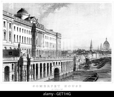 Eine Gravur des Somerset House in London mit einer hohen Auflösung aus einem Buch gescannt gedruckt im Jahre 1846. Angenommen, dass copyright frei. Stockfoto