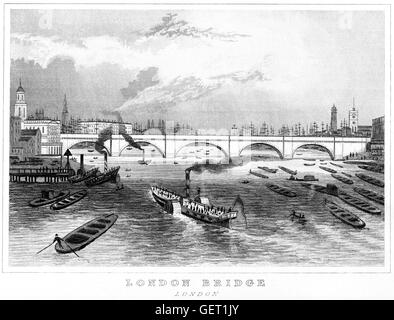 Eine Gravur der London Bridge, London mit hoher Auflösung aus einem Buch gescannt gedruckt im Jahre 1846. Angenommen, dass copyright frei. Stockfoto