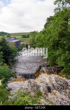 Wasserfall und archimedischen Schraube Turbine auf dem Fluss Bain in Bainbridge Dorf Wensleydale North Yorkshire England UK Stockfoto