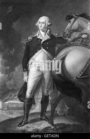 George Washington (1732 – 1799), erster Präsident der Vereinigten Staaten (1789 – 97), und der Oberbefehlshaber der Kontinentalarmee während des amerikanischen Unabhängigkeitskrieges. Dieses Porträt ist eine Gravur des Gemäldes von Gilbert Stuart, "Washington in Dorchester Höhen", 1806. Stockfoto