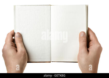 Ein offenes Buch in der Hand mit isolierten Hintergrund Stockfoto