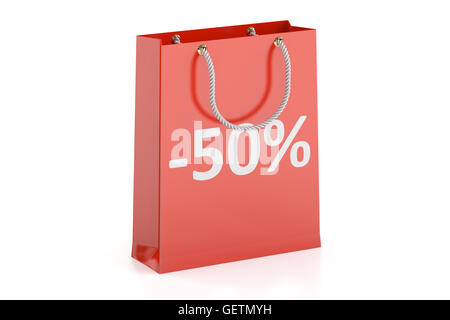 Einkaufstasche, Verkauf und Rabatt -50 %. 3D-Rendering isoliert auf weißem Hintergrund Stockfoto