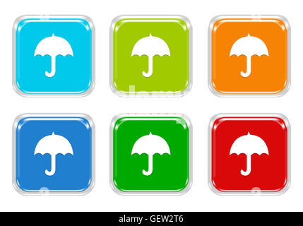 Satz von quadratischen bunten Tasten mit Regenschirm-Symbol in blau, grün, rot und orange Farben Stockfoto