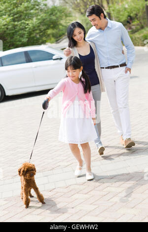 Junge chinesische Familie gehen mit ihrem Hund Stockfoto