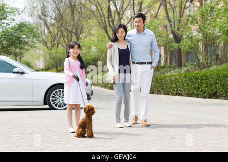 Junge chinesische Familie gehen mit ihrem Hund Stockfoto