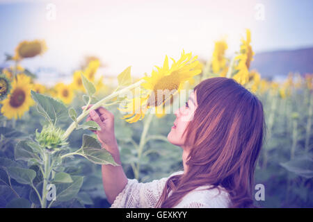 Schöne Frau genießt blühenden Sonnenblumen im Sonnenblumen Feld Vintage Ton Stockfoto