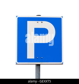 Blaues Quadrat Parkplatz Straßenschild isoliert auf weißem Hintergrund Stockfoto