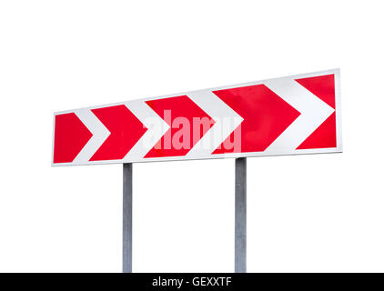 Gefährliche Wendung. Rote und weiße abgespeckte Pfeil. Straßenschild isoliert auf weißem Hintergrund mit Perspektive-Effekt Stockfoto