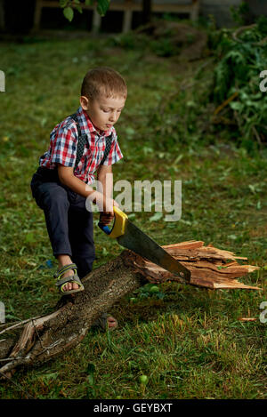 junge Sägen umgestürzten Baum im Garten Stockfoto