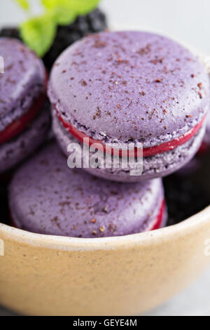 Französische Macarons auf einem grauen Tisch Stockfoto