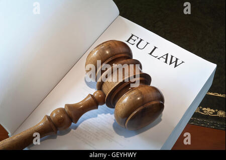 Konzept-Bild aufgeschlagenen Buches von EU-Recht auf Schreibtisch mit Richterhammer Stockfoto
