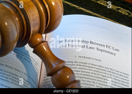 BREXIT EU-Recht Konzept Bild der EU Bezug Recht Gesetze Buch auf dem Schreibtisch mit Richter Hammer auf Seite Verweis auf EG-Recht und nationalen Law-Supremacy Stockfoto