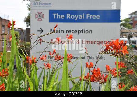 Der Royal Free Hospital, Zeichen, Teich Street, Hampstead, London UK Stockfoto