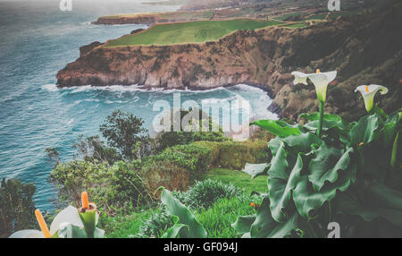 Klippen der atemberaubend schönen Küstenlinie der Insel Sao Miguel auf den Azoren, Portugal Stockfoto