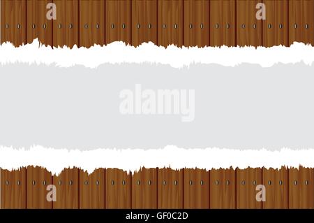 Ein Zaun aus dunkel gebeiztem Holzplanken mit einer Papier-Träne in der Mitte platziert Stock Vektor