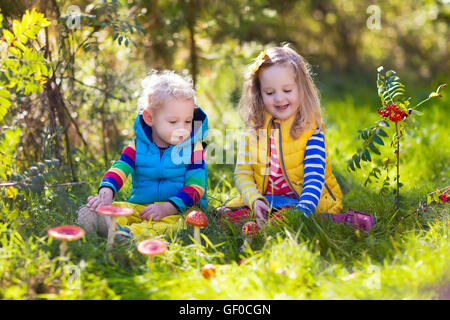 Glücklich lachende Kinder spielen im schönen sonnigen Herbst Park. Kleine Jungen und Mädchen beobachten Fliegenpilz Pilz im Wald fallen. Stockfoto