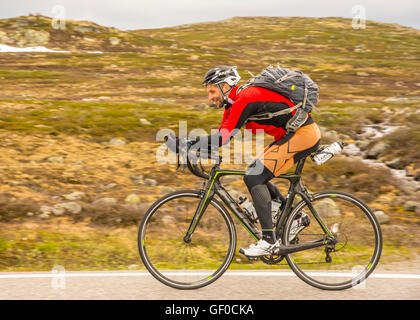 Radrennfahrer hausieren, RV7 Hardangervidda Nationalpark neben See Orteren, Norwegen, Hordaland, Skandinavien, Europäische Stockfoto