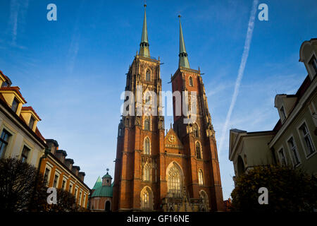 Ein Blick auf die Türme der Kathedrale der Hl. Johannes der Täufer in Wroclaw, Polen. Stockfoto