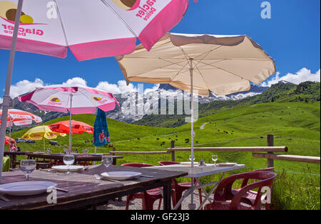 Restaurant-Terrasse am Col des Annes mit Abondance Kühe auf der Wiese hinaus. Le Grand Bornand, Haute-Savoie, Frankreich. Stockfoto