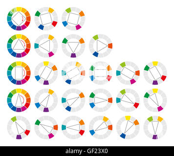 Farbrad und geometrischen Formen zeigen zwanzig komplementär- und harmonische Kombinationsmöglichkeiten von Farben in der Kunst. Stockfoto