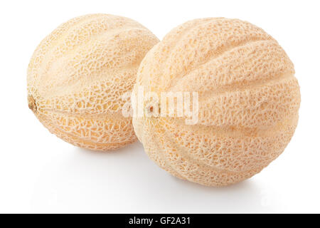 Zwei Cantaloupe Melonen auf weiße, Clipping-Pfad Stockfoto