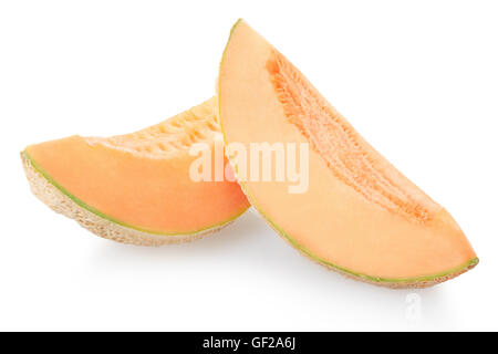 Zwei Melone Melonenscheiben isoliert auf weiss, Schneidepfad Stockfoto