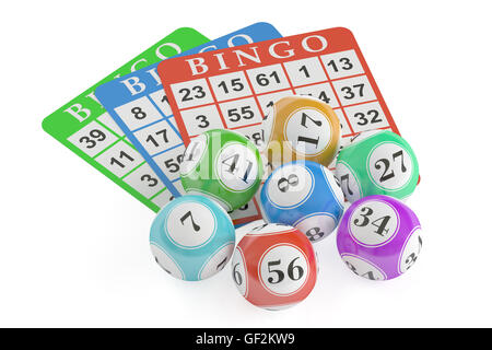 Konzept der Bingo, Lotto-Kugeln und Karten. 3D-Rendering auf schwarzem Hintergrund isoliert Stockfoto