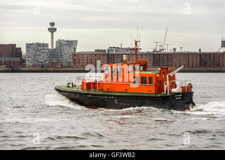 Liverpool. England. 28. Juli 2016. Die Liverpool Pilotstart Kittiwake abgebildet (17. Oktober 2014) in den Fluss Mersey mit der königlichen Leber Gebäude im Zentrum der Uferpromenade. Der Liverpool Lotsendienste Service die Schiffe in die und aus den Fluss Mersey seit 250 Jahren navigiert hat ist die Freiheit von Liverpool vergeben werden. Es werden verliehen sie an einen speziellen Thanksgiving Service am Mittag in Liverpool Pfarrkirche St. Nikolaus auf Donnerstag, 28. Juli 2016 geführt von der Rektor von Liverpool, der Reverend Dr. Crispin Pailing. John Davidson/Alamy Live-Nachrichten. Stockfoto