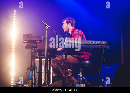 Matlock, Derbyshire, UK.  28. Juli 2016. James Skelly, Paul Duffy, Nick Power, Ian Skelly und Paul Molloy von The Coral Höchstleistungen YNOT Festival, Matlock, 2016 Credit: Myles Wright/ZUMA Draht/Alamy Live News Stockfoto