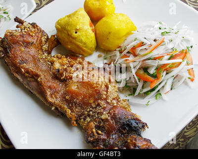 Cuy Chactado, frittierte Meerschweinchen, eines der muss versuchen peruanisches Gericht Stockfoto