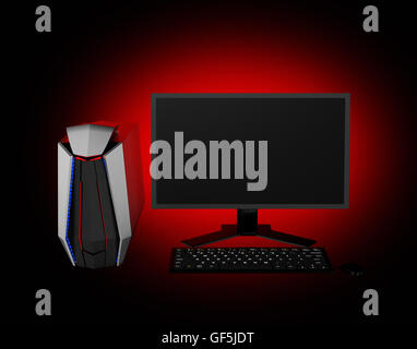 Gaming-Computer isoliert auf rotem Grund. 3D-Rendering Bild. Stockfoto