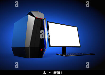 Gaming-Computer isoliert auf blauem Hintergrund. Monitor mit leeren Bereich für Exemplar. 3D-Rendering Bild. Stockfoto