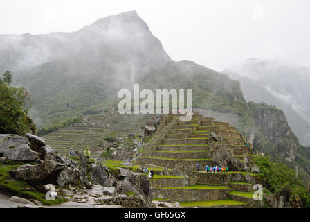 Die Terrassen von Machu Picchu im Nebel. Stockfoto