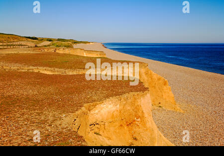 Ein Blick auf niedrigen erodierten weichen eiszeitlichen Klippen in North Norfolk am Weybourne, Norfolk, England, Vereinigtes Königreich. Stockfoto