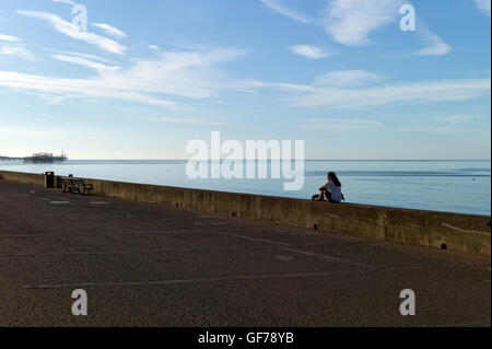 Junge Frau sitzt allein am Deich, am frühen Morgen, Brighton und Hove, UK Stockfoto