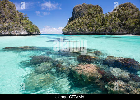 Koralle Bommies wachsen inmitten einer flachen, sandigen Lagune, umgeben von schönen Kalksteininseln in Wayag, Raja Ampat, Indonesien. Stockfoto